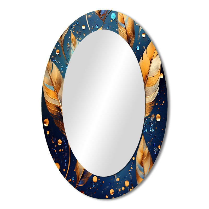 Boho Glam Gold Feathres On Cosmic Blue I - Animals Oval Decorative Mirror On Metal, 36" x 24"