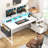 White Desk With LED Lights And Monitor Shelf,Computer Desk With 2 Open Storage Shelves, Corner Desk With Drawer And Power Outlets For Small Home Office-1868905665