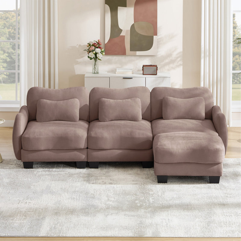 Canapé en L Chenille avec 1 repose-pieds mobile, canapé modulaire surdimensionné à 3 places avec 3 coussins de taille exquise, conception ergonomique, canapé modulaire facile à assembler pour le bureau du salon