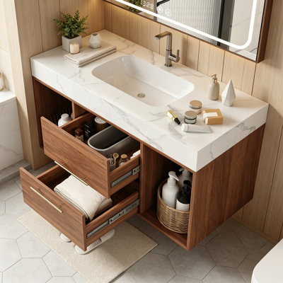 Meuble-lavabo mural avec lavabo en céramique, 2 tiroirs et 2 espaces de rangement