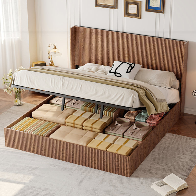 Large grooved undulating lift storage bed frame, wooden platform bed frame with lift storage, no spring box required/no noise, rustic brown slatted natural wood( King) 