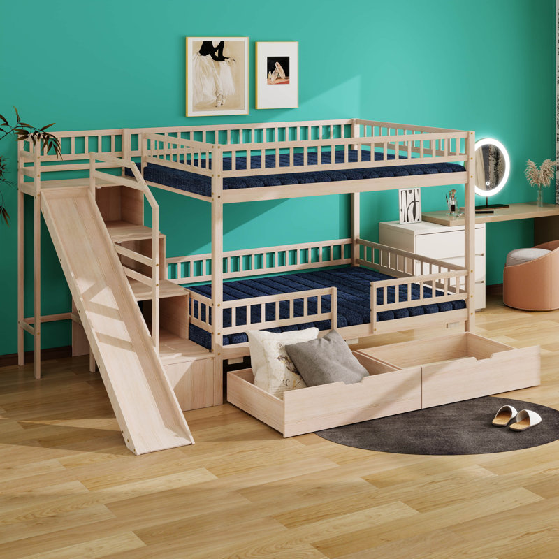Lit superposé avec escalier de rangement, glissade et 2 tiroirs, lit superposé en bois avec garde-corps, aucun sommier nécessaire