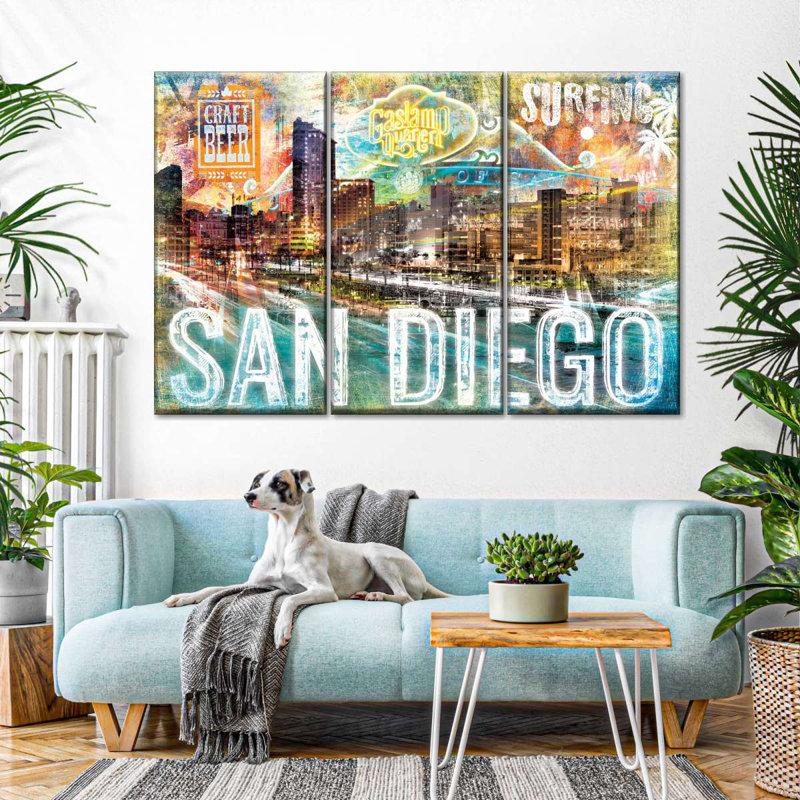 San Diego City Repères Grunge, impression sur toile 3 pièces, H 32 po x l 50 po x P 1,25 po