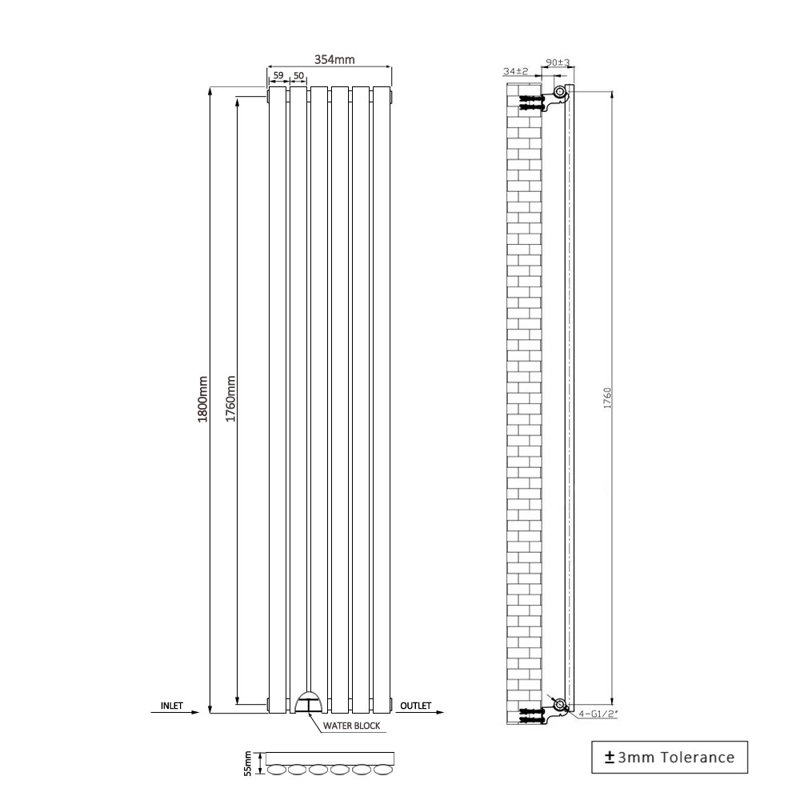 Shoshana Vertical Oval Panel Radiator, Anthracite, 180cm H x 35.4cm W, 1