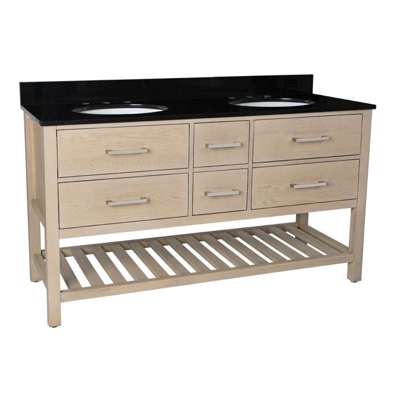 Meadowbrook 60'' Double Bathroom Vanity with Top, Light Oak, Grey Quartz