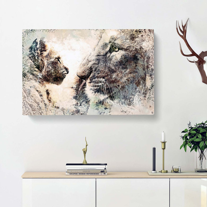 Lion Cub With Its Mother In Abstract - Wrapped Canvas, 35cm H x 50cm W x 3cm D
