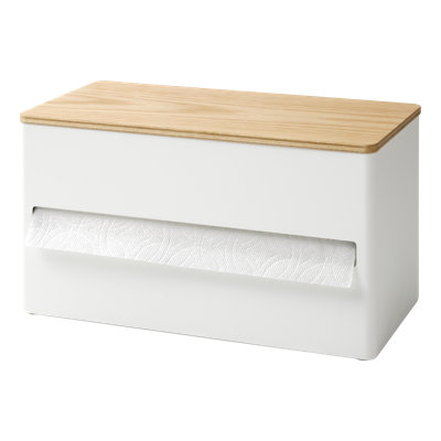 Yamazaki Home Rin Kitchen Paper Holder Rin L | One-Handed Tear Design, Concealed Storage, Fits Rolls Up To 6" - Steel + Wood