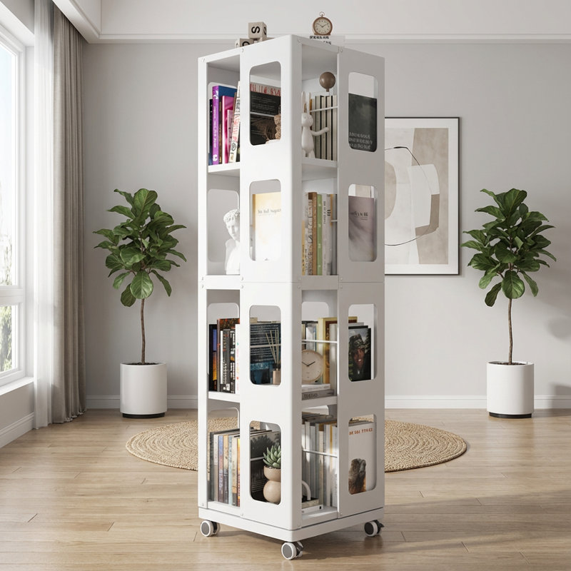 Modern 4-Tier All-Steel Rotating Bookshelf with 360-Degree Storage and Lockable Silent Wheels, White
