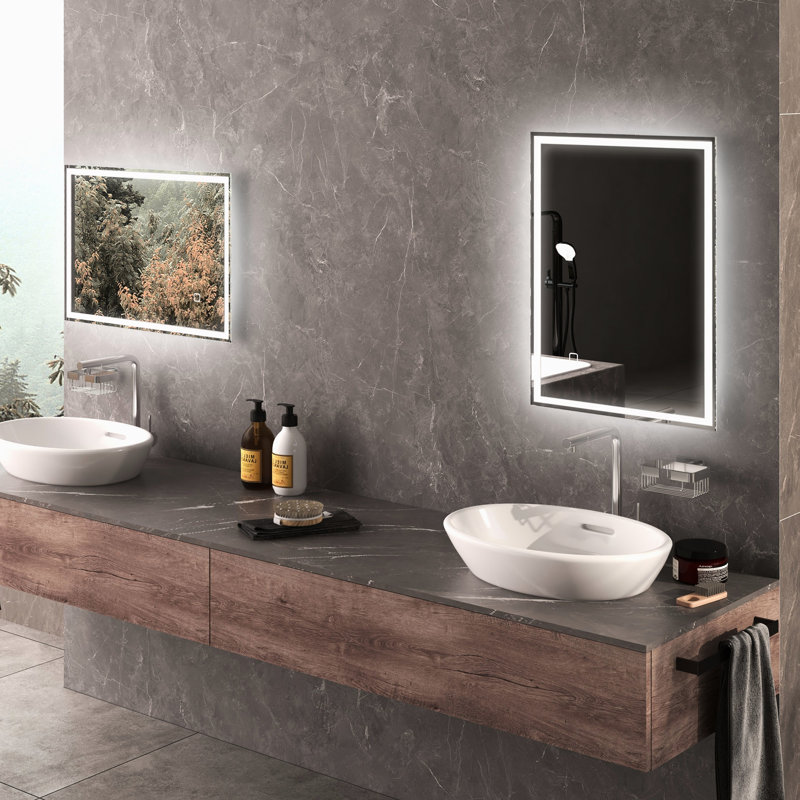 Miroir de salle de bain avec DEL à intensité variable - 3 options de couleur et fonction de mémoire, commande tactile, luminosité réglable, verre trempé, fixation murale, étanche IP44, 31,5 po x 23,5 po x 1,5 po,
