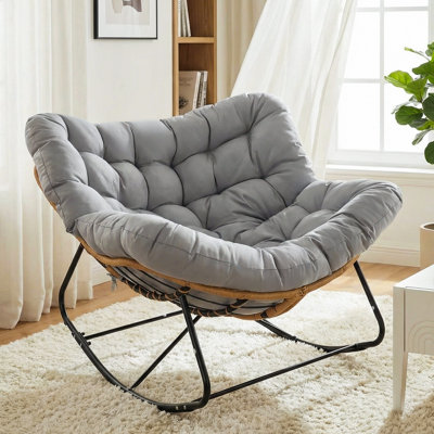 Indoor & Outdoor Papasan Rocking Chair, Oversized Padded Lounge Rocker With Cushion, Comfy Wicker Egg Lounge Chair, Large Indoor Rocking Recliner For Living Room/Porch/Garden(Gray)