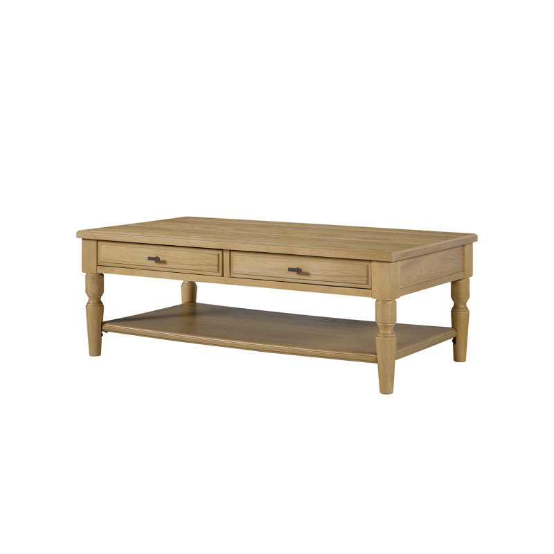 Table basse avec tiroirs, finition noix de cajou, placage, deux tiroirs, pieds tournés pour un style classique, tablette inférieure ouverte, bois massif beige, profondeur 51,43 cm, largeur 28,69 cm, hauteur 18,67 cm.
