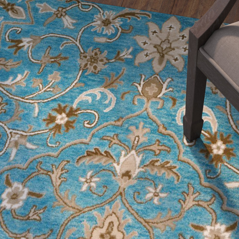 Tapis oriental bleu / brun en laine noué à la main Harger, Carré 5 pi
