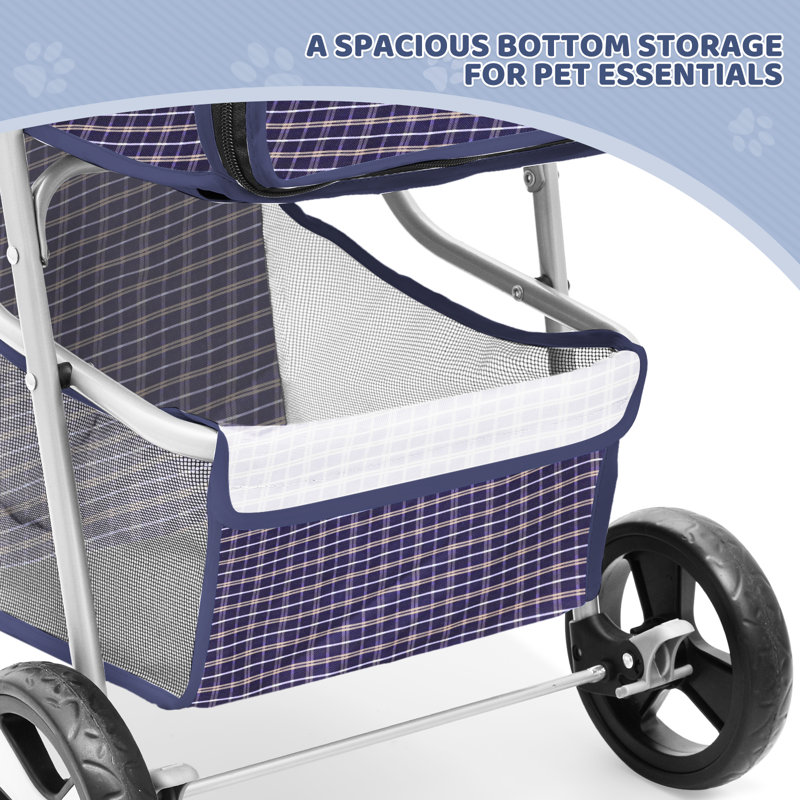 Plaid Foldable Dog Stroller with Storage and Cup Holder