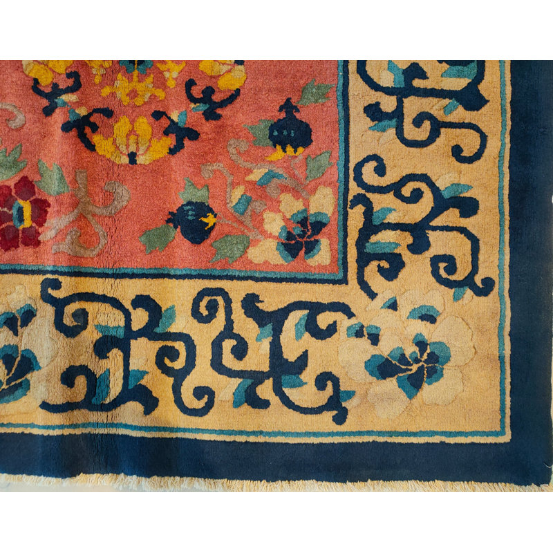 Antique Chinese Wool Pile Room Size Floral Pomegranate Design Pink Art Deco Rug