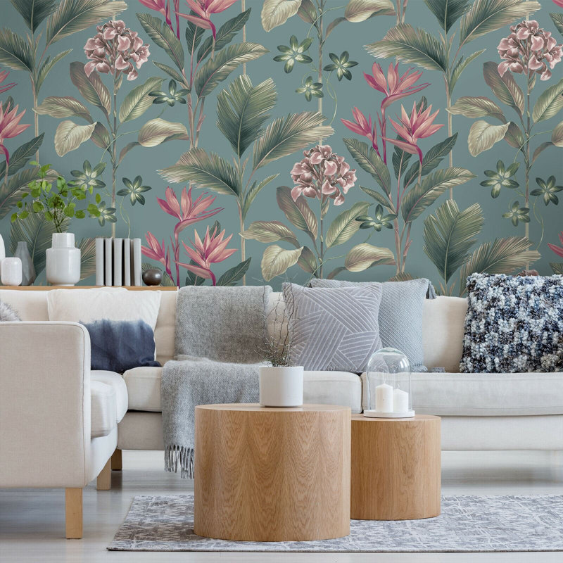 Belgravia Oliana Tropical Floral Wallpaper Soft Teal Jungle Botanical Matt Finish 8486