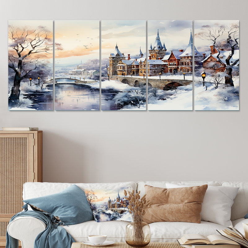 «Wonderful Village Winter At Christmas II - Winter Landscape», art mural 5 pièces, H 32 po x l 80 po