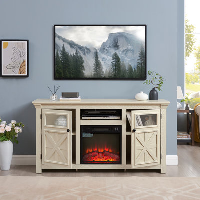 Armoire de ferme à 2 portes, meuble télé de style campagnard, meuble télé de style campagne moderne, grande console de cinéma maison d'inspiration grange avec foyer 18 po, blanc, l 60,23 po x P 15,35 po x 31,7 po