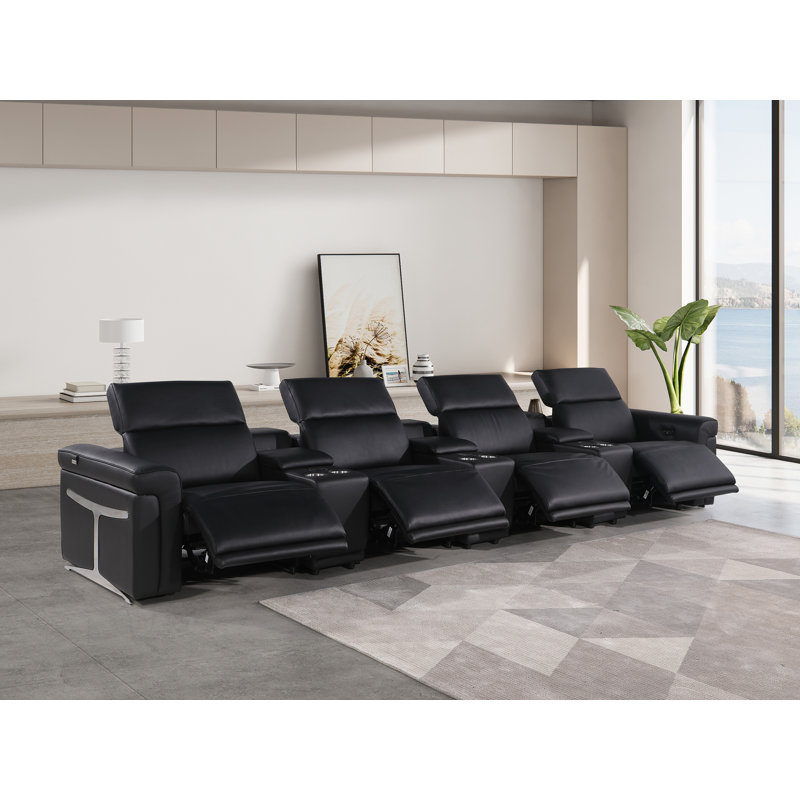 7-Piece 4-Power Reclining Italian Leather Sofa With Power Headrest, Black