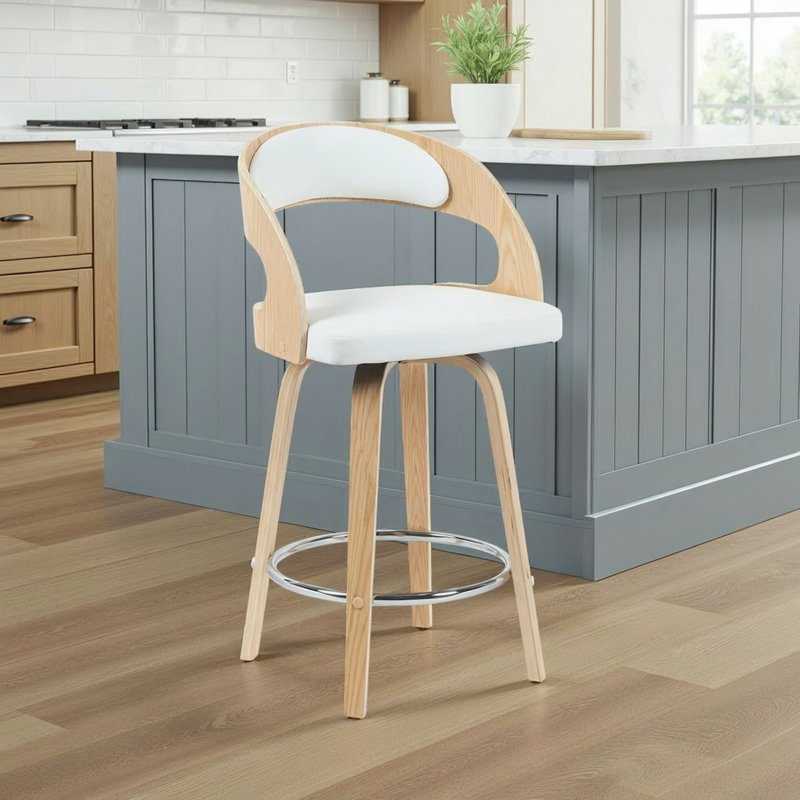 Tabouret de bar pivotant Pensacola, Tabouret de comptoir (siège d'une hauteur de 26 p, Blanc, Naturel