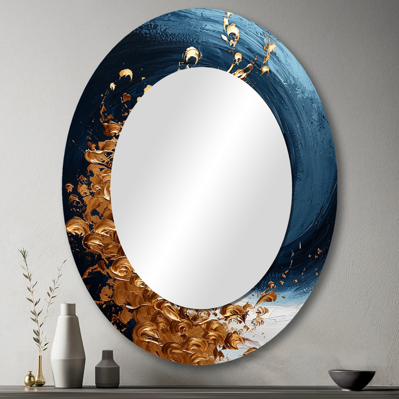 Bleu et or spiralant majestueux Vortex I - miroir décoratif ovale abstrait sur métal, 43 po x 33 po