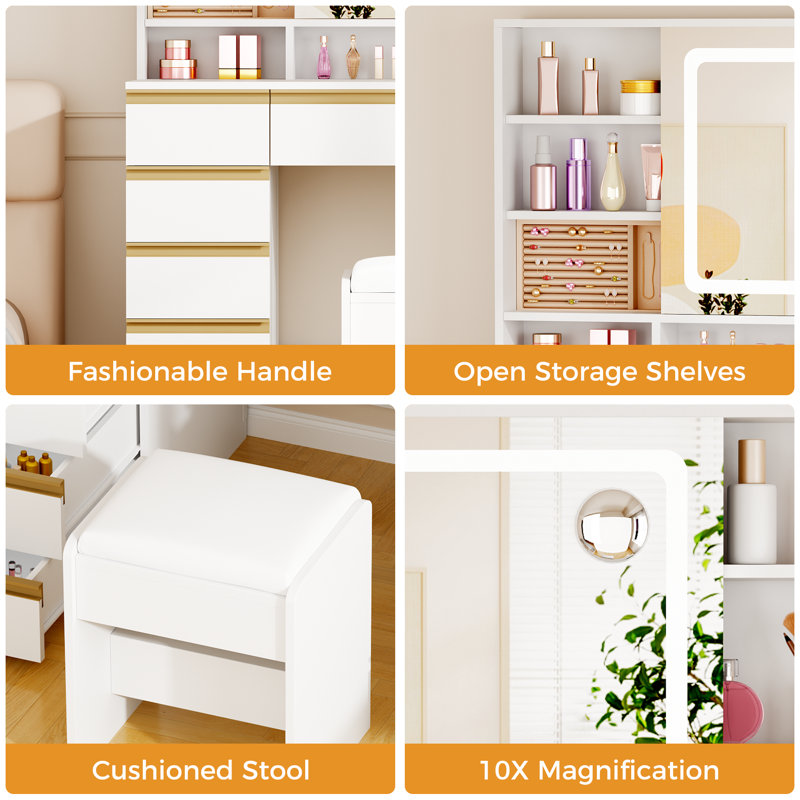 Adriel 43.3" Makeup Vanity Desk With Sliding Mirror & LED Lights, Power Outlet, Detachable Jewelry Box, 11 Drawers