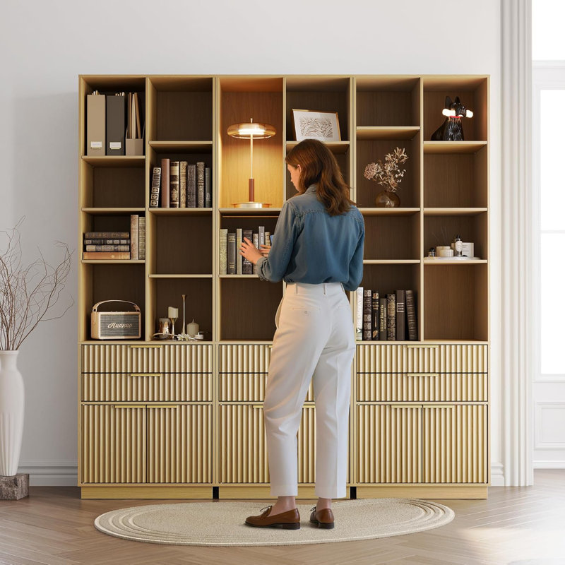 Bibliothèque haute H 73 po x l 23,6 po avec 2 tiroirs et armoire de rangement, Beige