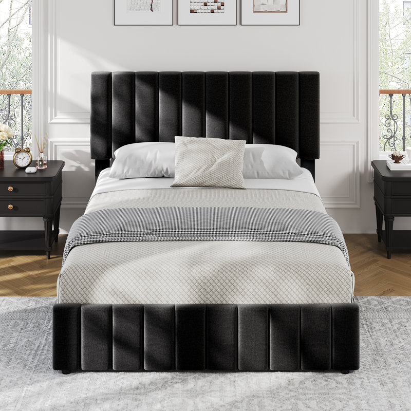 Structure de lit avec 4 tiroirs de rangement, tête de lit à hauteur réglable, aucun sommier requis, Noir, Grand lit
