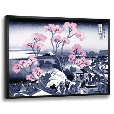 « mt. fuji through the cerises » par katsushika hokusai,, reproduction d’art encadrée en bleu, blanc et rose