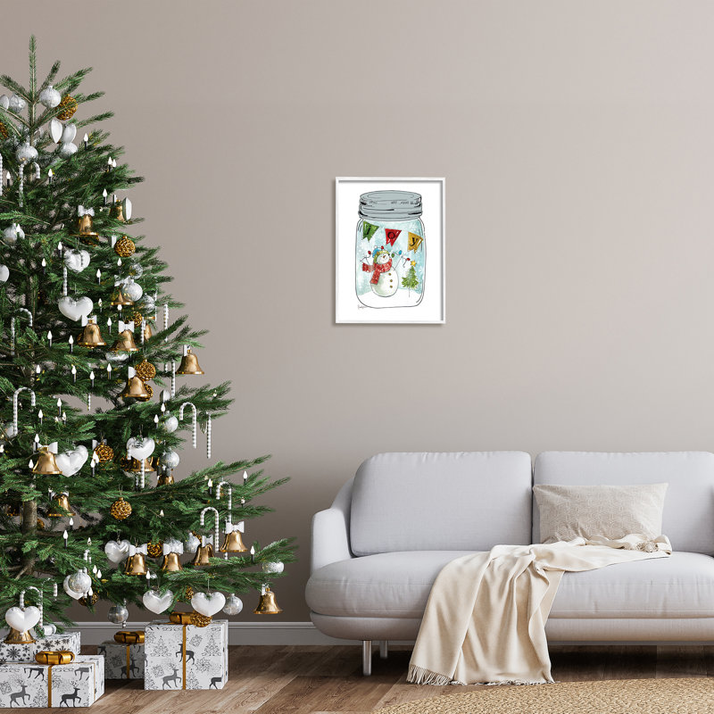 Joyeux bonhomme de neige avec bonhomme de neige et lumières d'arbre de Noël par Livi Finn - Peinture, H 20 po x l 16 po