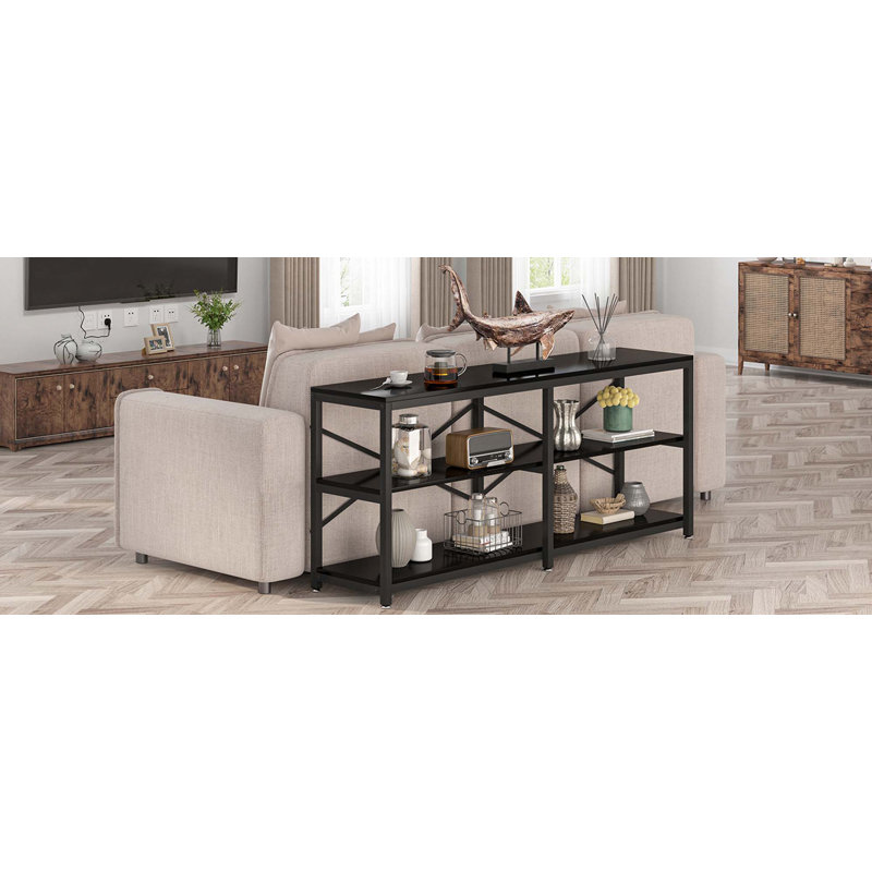 70.9"Industrial 3-Tier Extra Long Console Table With Storage Shelves & Metal Frame & X-Back Design