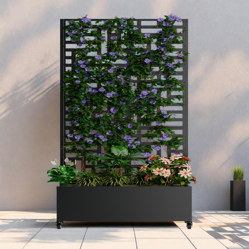 Lit de jardin surélevé en métal avec treillis, écran d'intimité, trous de drainage et roues