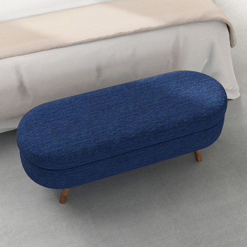 Banc de rangement ovale bleu avec pieds en bois d'hévéa, 43,5 po x 16 po x 16 po, avec repose-pieds ou siège, espace disponible, travail d'assemblage simple, aspect de tissu plissé et abat-jour lisse, sélection, capacité, facilité