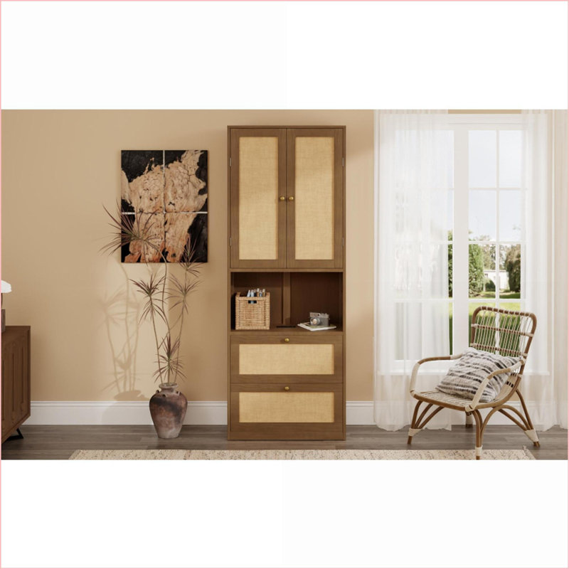 Bibliothèque avec 2 portes en rotin, 3 tiroirs et amp; Ports USB, noyer | Bois de pin | Noyer, Brun