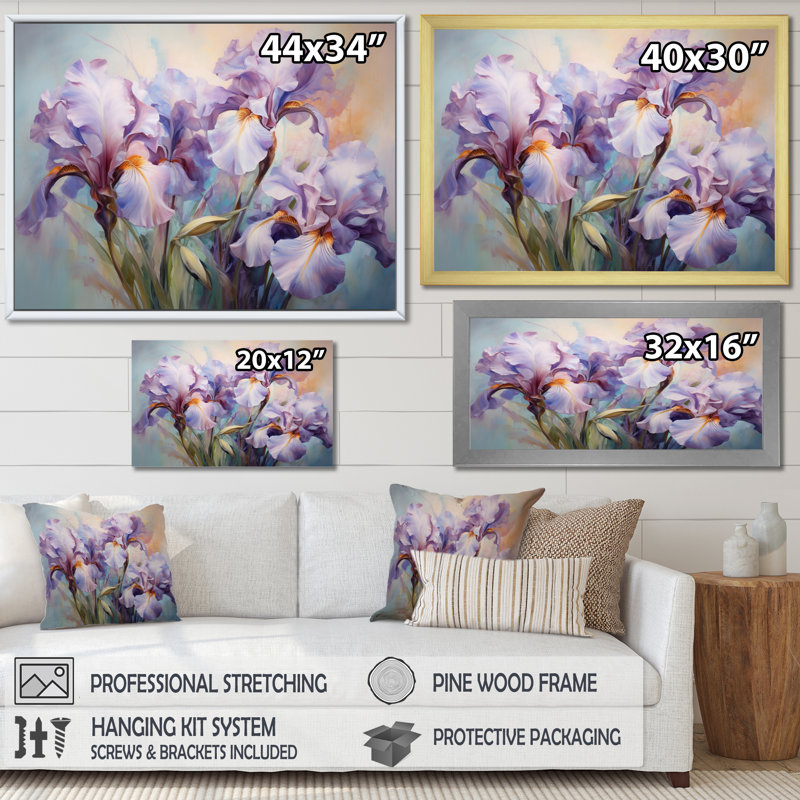 Rose, mauve, iris, impression romantique VI, Cadre simple blanc, H 24 po x l 32 po x P 1 po