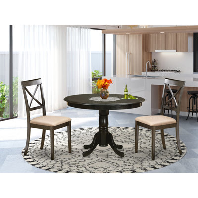 Ensemble de table de salle à manger 3 pièces pour petits espaces comprenant une table de salle à manger ronde avec piédestal et 2 chaises rembourrées en tissu de lin, 42 x 42 pouces, cappuccino
