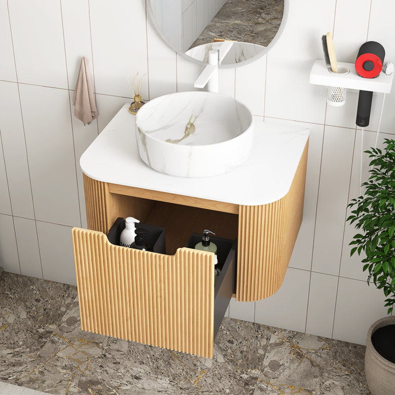 Meuble-lavabo mural avec plateau et tiroir, Naturel, 24", Marbre
