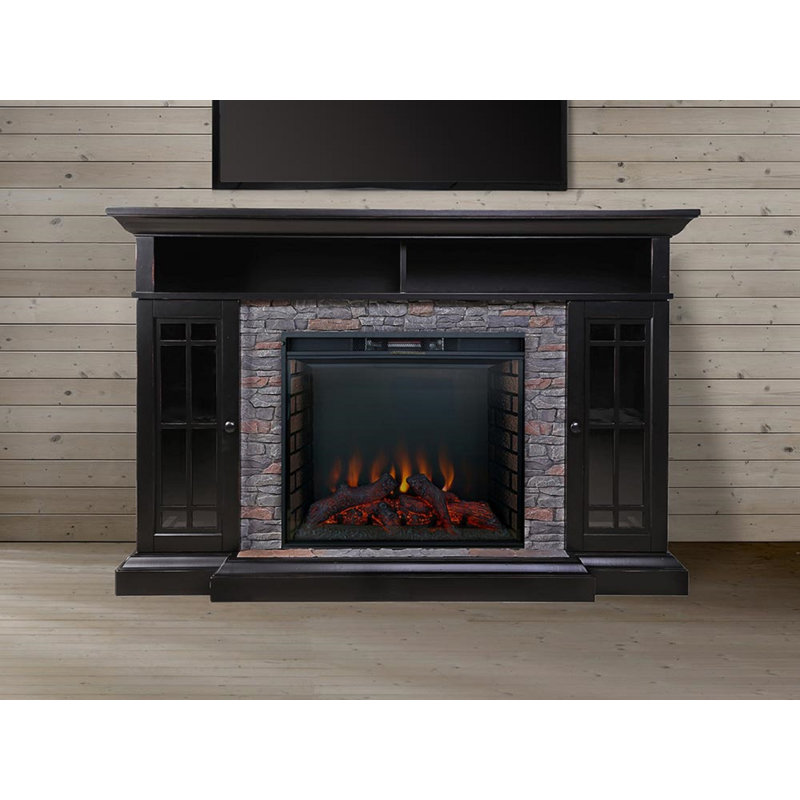 Bennett 66" Infrared Electric Fireplace TV Stand - Faux Stacked Stone Surround & 28" Firebox, Black