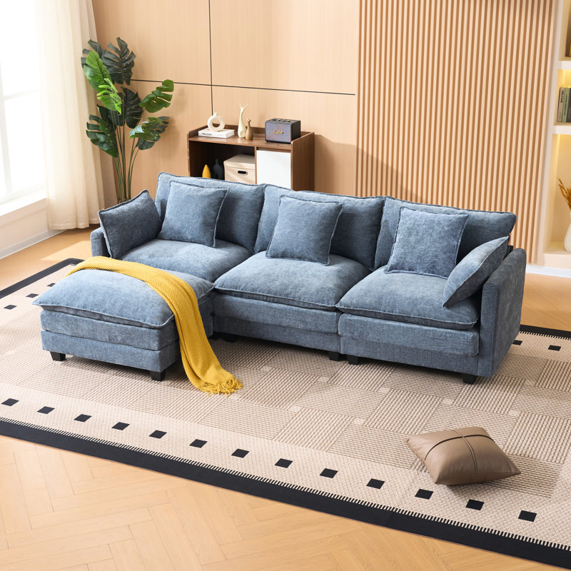 Canapé rembourré en L bleu à 3 places avec salon et chambre à coucher, chenille, banc facile à assembler, processus d'assemblage simple