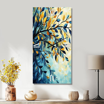 Blue and Yellow Summer Olive Branch I - Coastal Large Wall Clock, Printed on Metal