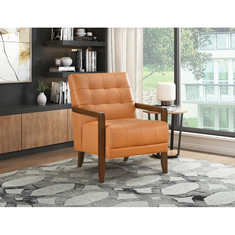 Chaise d'appoint en cuir de style moderne et capitonnée avec détails en bois et finition noyer, Orange