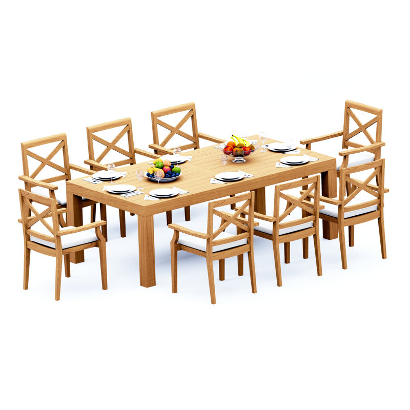 8 Seats 9 Pcs Grade-A Teak Wood Dining Set: 86" Canberra Rectangle Table And 8 Granada Stacking Arm Chairs #11GR1908, 8