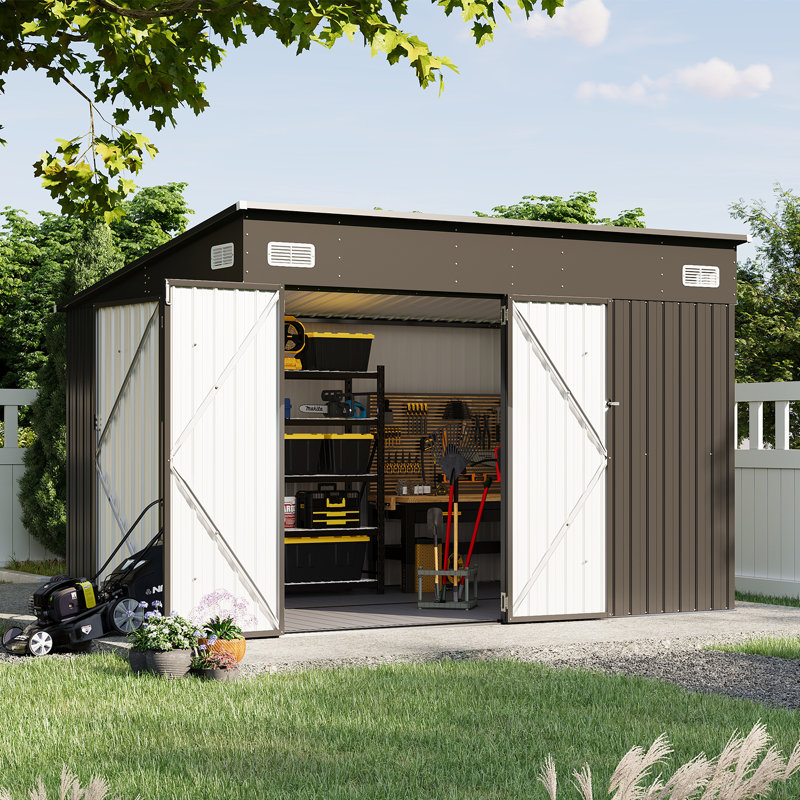 10 Ft. W X 8 Ft. D Metal Lean-to Storage Shed  With Floor and Three Doors,Black