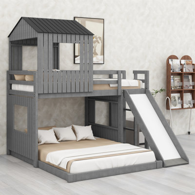 Wooden Bunk Bed, Loft Bed With Playhouse, Farmhouse, Ladder, Slide And Guardrails