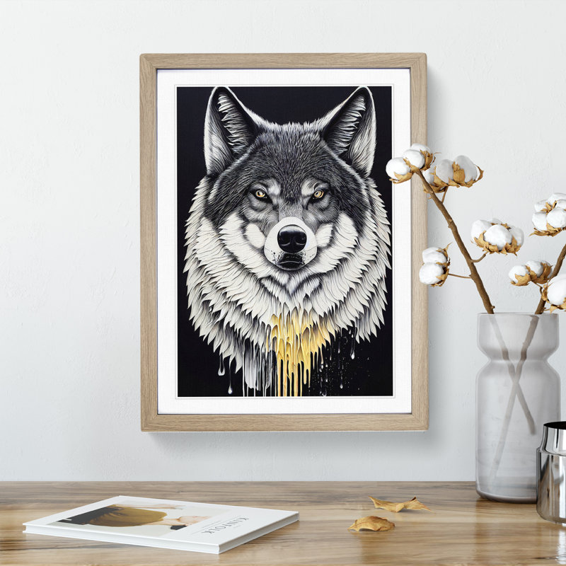 Splashed Wolf No.1 - Wall Art, 34cm H x 25cm W x 2cm D, Oak Framed