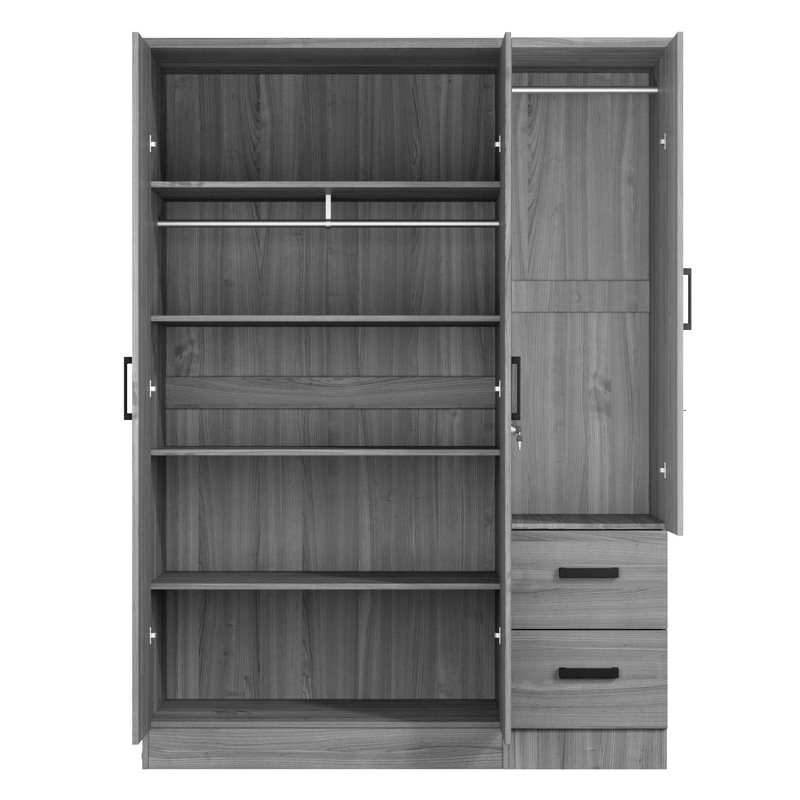 Armoire-penderie en bois 2 tiroirs 3 portes, Gris