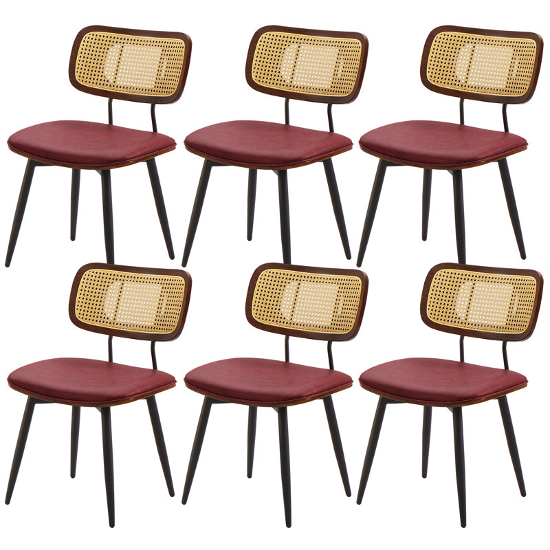 Modern Swivel Faux Leather Dining Chairs With Rattan Back, Red, 6