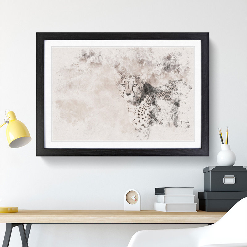 Cheetah with Orange Eyes - Picture Frame Painting Print, 40cm H x 60cm W x 2cm D, Black Framed