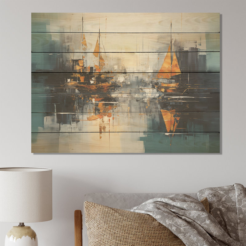 «Moonlight Saiboat Collage Horizon I» - Bateau à voile sur bois, H 10 po x l 20 po