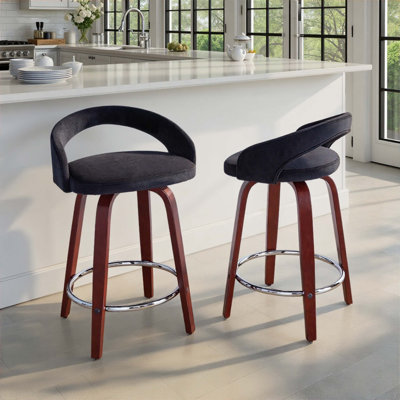 Tabouret de comptoir à hauteur fixe avec pivot en bois et similicuir avec repose-pieds rond en métal - ensemble de 2