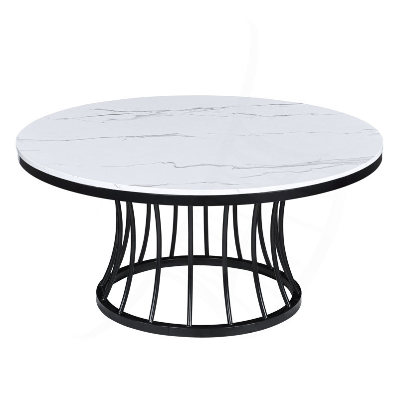 3Pc Modern Cocktail Group Set Coffee Table End Table Luxurious Faux Marble Top Cage-Like Base Wooden Living Room Furniture